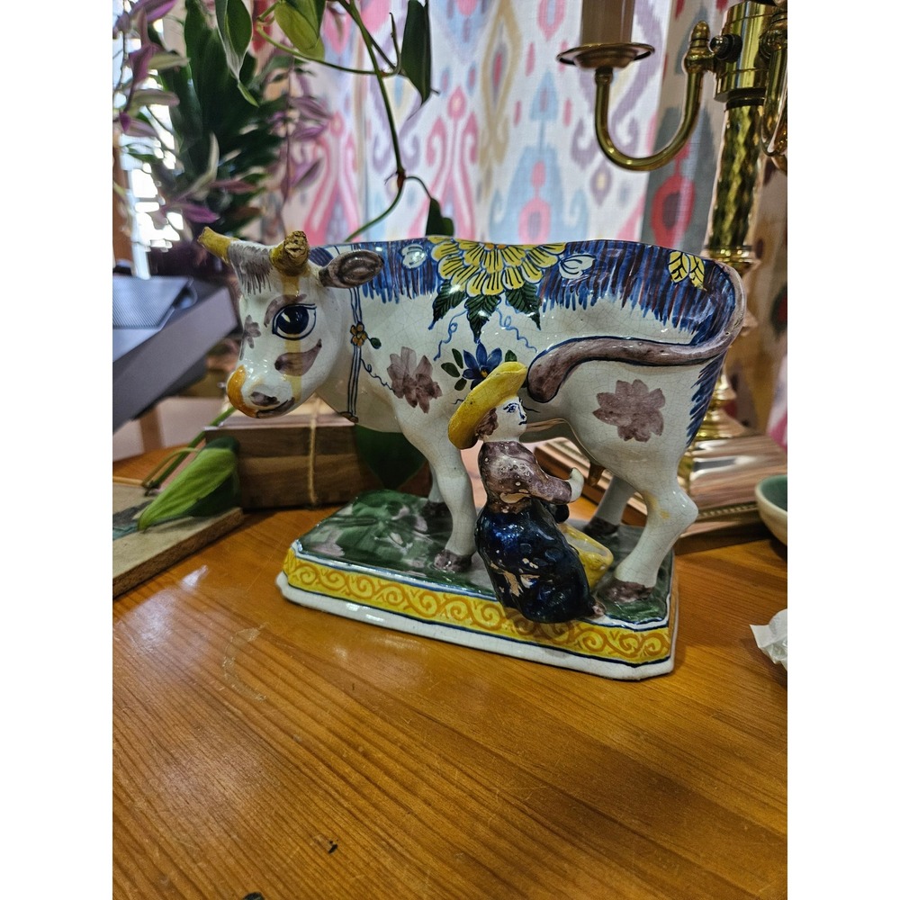 Vintage Majolica Pottery Milkmaid and Cow Figurine Hand Painted Folk Art Decor
